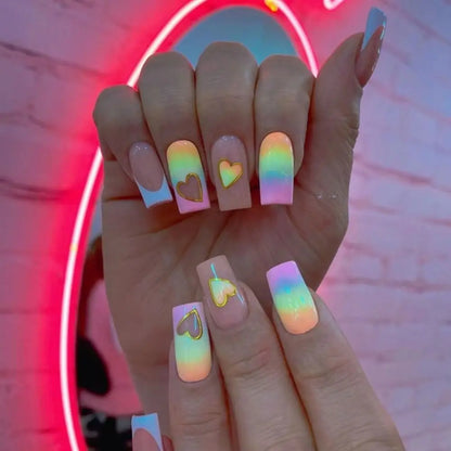 Colorful French Fake Nails Short Ballet False Nails Rainbow Gold Leaf Love Design Wearable Press on Nails Full Cover Nail Tips