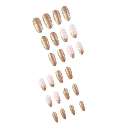 24 Pcs Long Oval Christmas Press On Nails Pink French Style Glitter Fake Nails Artificial Finger Manicure Reusable False Nails