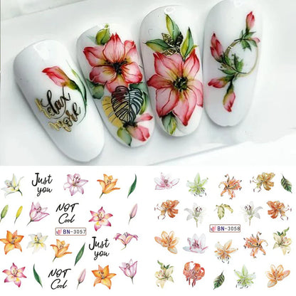 Aichashi 12 Designs Lily Flowers Nail Stickers White Flower Green Leaf Geometric Line Sliders Spring Floral Water Transfer Decals Slider