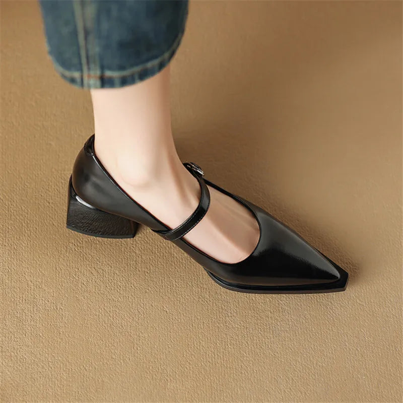 Aichashi New Spring Split Leather Women Shoes Pointed Toe Women Pumps Fashion Retro Mary Jane Shoes for Women High Heels Ladies Shoes