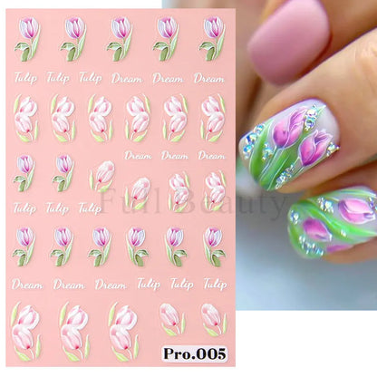 Aichashi 1Pcs Sakura Stickers For Nails 5D Embossed Spring Cherry Blossom Tulip Peony Flowers Petals Sliders Manicure Decoration