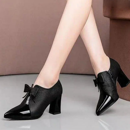 Aichashi 5cm Deep Mouth High Heels Women's Spring Autumn New Fashion Bow Versatile Elegant Pointed Thick Heel Single Shoes Women