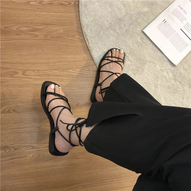 Aichashi 2024 Sandals Women Summer New Fashion Flat Open Toe Cross Lace-up Shoes Casual Elegant Lace-up Beach Gladiator Sandals Zapatilla