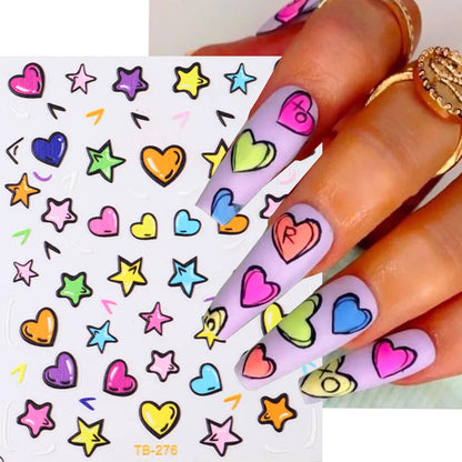 Aichashi Heart Nail Sticker 3D Comic Cartoon Colorful Heart Star Sliders Cute Nail Design Korean Style Translucent Gel Polish Wraps Decal