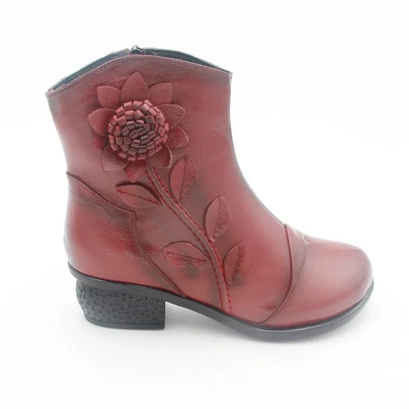 Aichashi New Women's Fashion Winter Warm Genuine Leather Ankle Boots Women Oblique Zipper Floral Boots for Women Red Black Blue