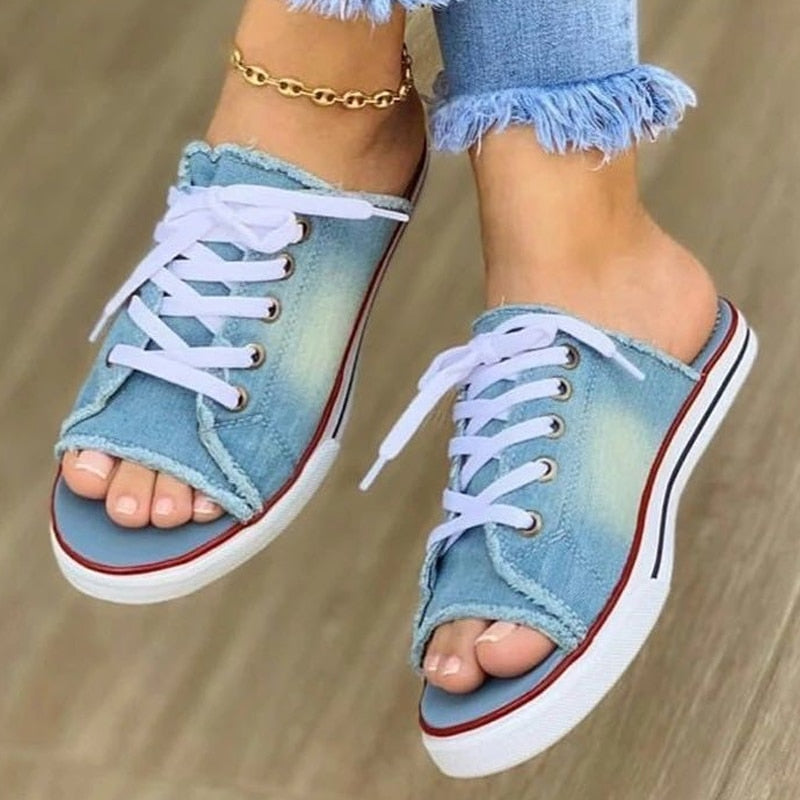 Aichashi Fashion Canvas Slippers Lace Up Open Teen Dames Faux Denim  Luxury Sandals Women Designers  Womens Shoes