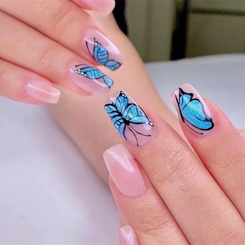 24Pc/Lot Light Pink Blue Gradient Long Ballet Fake Nails Acrylic Press on Nail Tips Removable Artificial Wearing False Nails Art