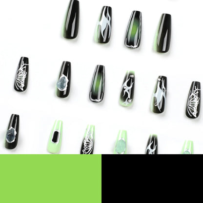 Aichashi 24PCS Long Ballet French Nail Art Fake Nails y2k Press On Black Green Gradient Nail Tips False Nails With Diamond Decoration