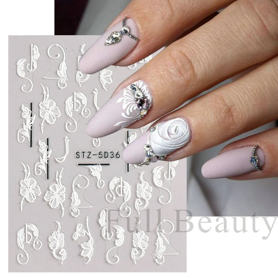 Aichashi 5D Simple Flowers Nail Embossed Stickers Elegant Wedding Design Adhesive Sliders Floral Textured Engraved Decoration Supplies