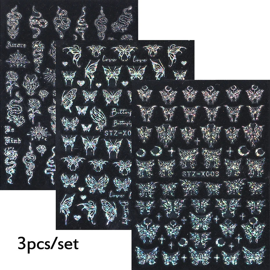 3pcs Laser Butterfly Stickers For Nails Holographic Snake Dragon Heart Star Moon Adhesive Sliders 3D Nail Art Decal Decoration