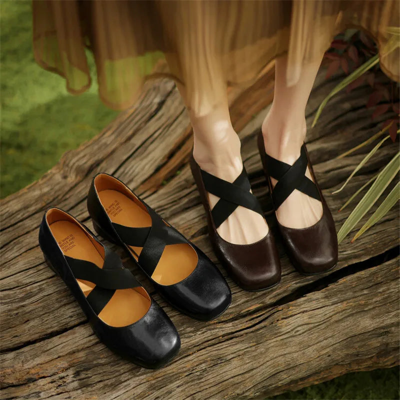 Aichashi 2024 New Spring Sheepskin Women Shoes Round Toe Low Heel Women Pumps Mary Jane Shoes for Women Shallow Ballet Leather Shoes