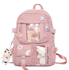 aichashi Preppy School Bag Student Backpack Nylon Cute Girl Backpack Badge Pendant Travel Bag