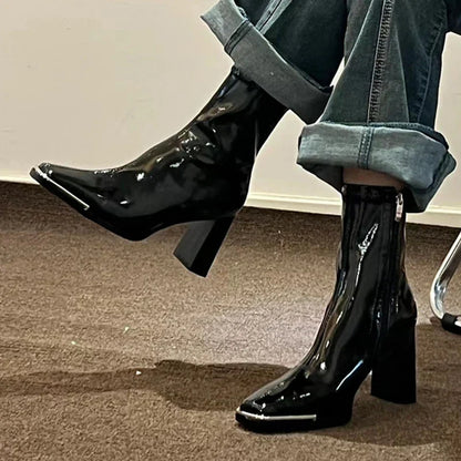 Aichashi Fashion Women Thick High Heel Ankle Boots Solid Patent Leather Office Pumps 2024 Autumn Mujer Square Toe Short Boots