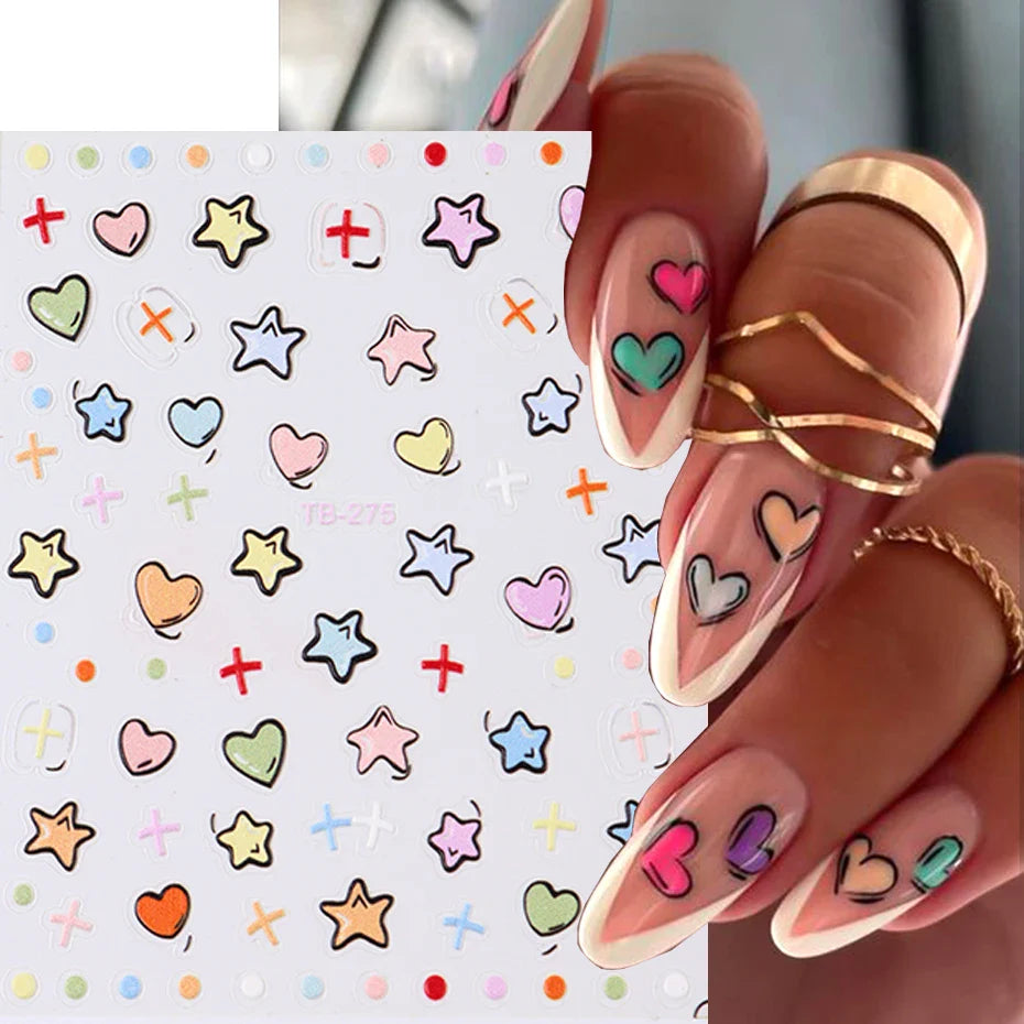 Aichashi Heart Nail Sticker 3D Comic Cartoon Colorful Heart Star Sliders Cute Nail Design Korean Style Translucent Gel Polish Wraps Decal