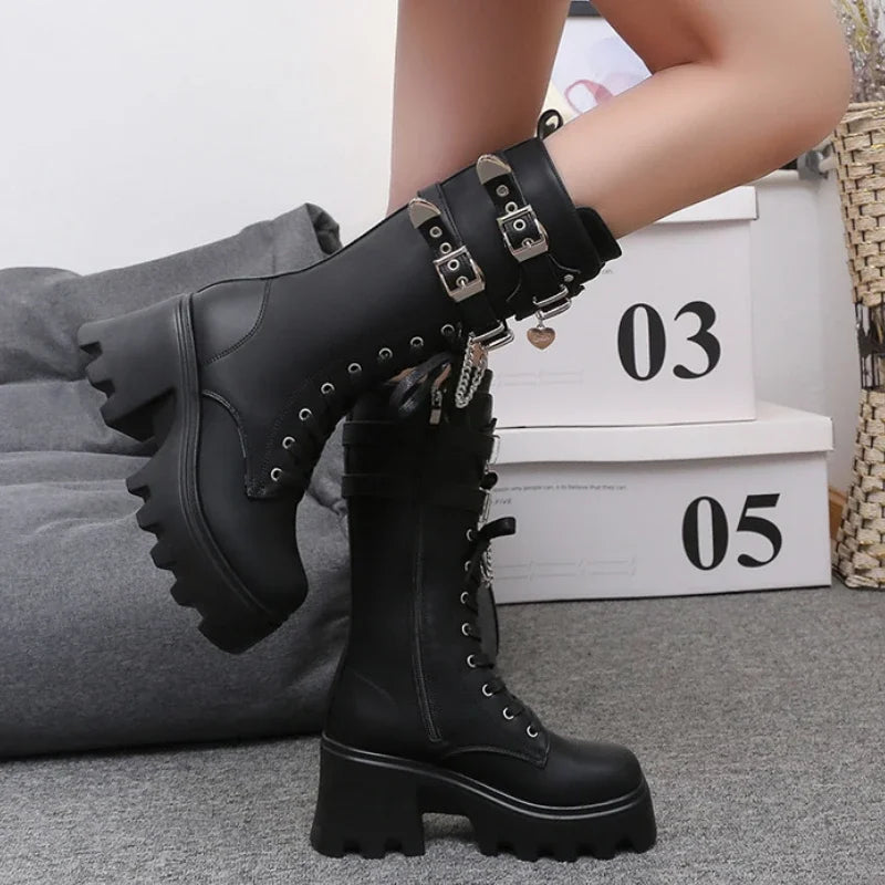 aichashi  -  Fashion Leather Gothic Boots Women Luxury Brand Buckle Chain High Heels Long Boots Autumn Ladies Motorcycle Boots Botas Mujer