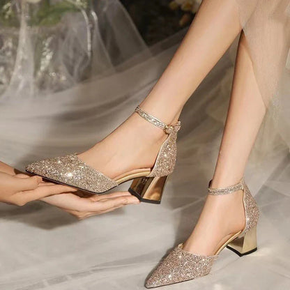 aichashi Luxury Gold Silver Sequins High Heels Pumps Women Pointed Toe Ankle Straps Wedding Shoes Woman Thick Heeled Party Shoes