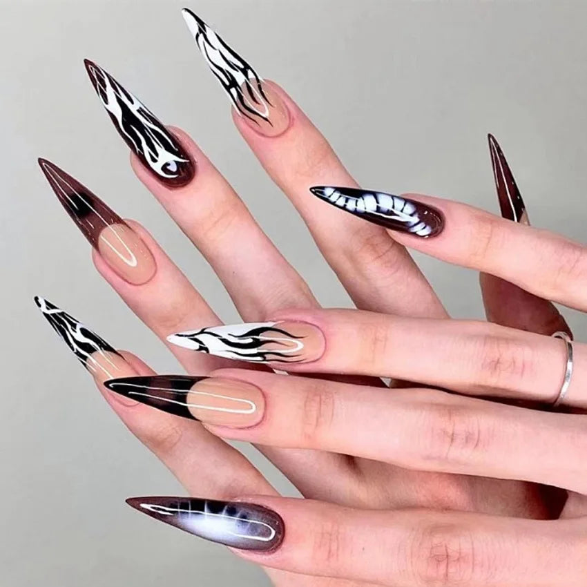 24pcs y2k Long Pointed False Nails Cool Girl Style Silver Flame Pattern Press on Nails Detchable Full Cover Fake Nail Patches