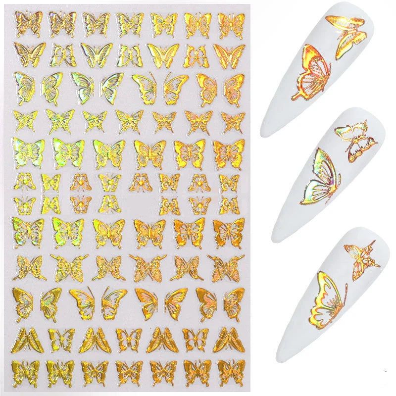 Aichashi Laser Butterfly Sticker Nails Art Holographic Gold/Sliver Nail Decal Design Self-adhesive Butterfly Nail Sticker Ornament