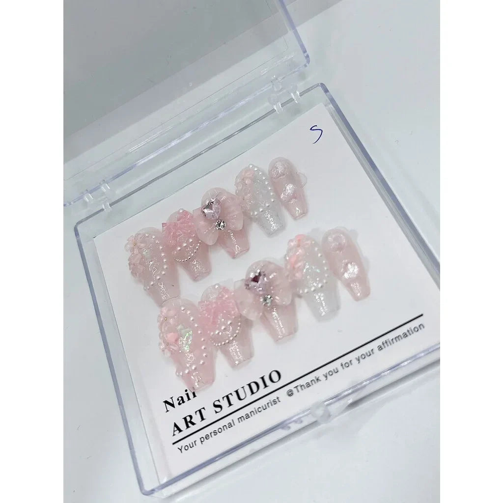 10 Pcs Pearl Love Diamond Bow Dream Fake Nails Pink Nail Patch Beauty Girl Bow Fairy Nail Patch for Women Gift