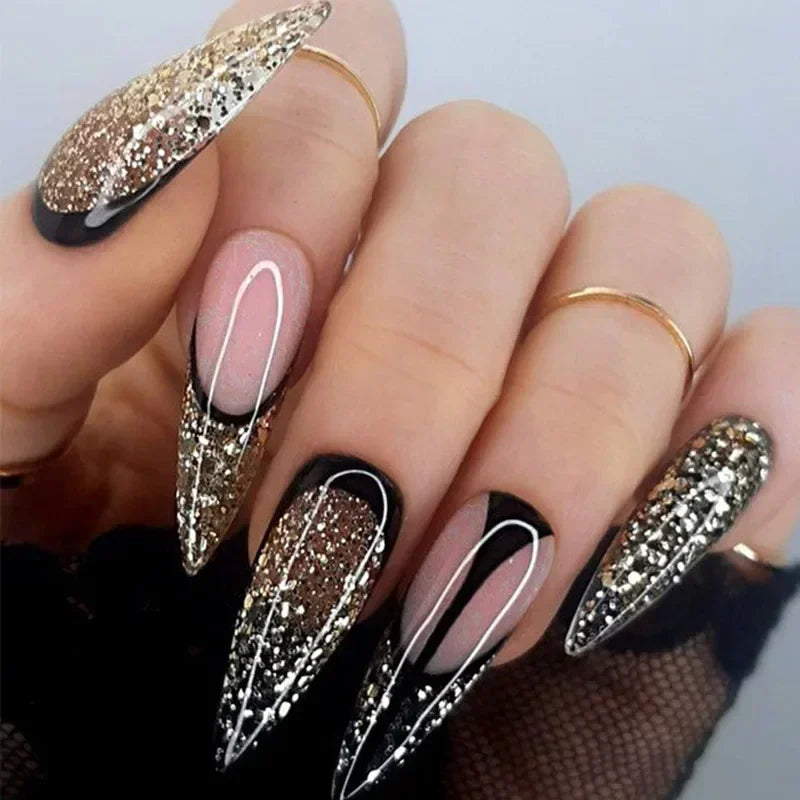 24Pcs Frosting False Nail almond with Golden Glitter Designs French Rhinestone Manicure Stiletto Fake Nails Set Press on Nails