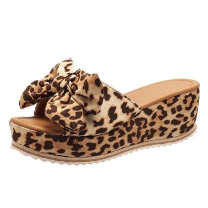 Aichashi Fashion Bowknot Wedge Sandals for Women Leopard Print Chunky Platform Sandalias Mujer 2024 Summer Thick Sole Slippers Plus Size