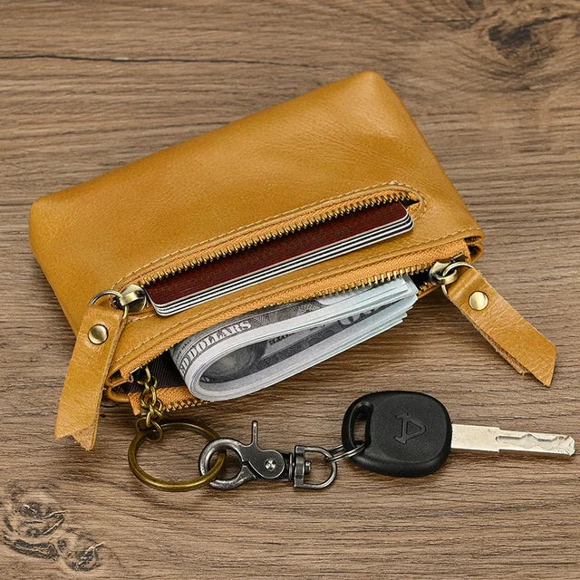 Aichashi Genuine Leather Zipper Coin Wallet Men Wowen Natural Leather Small Short Purse Card Holder Cash Clutch Wallets Key Ring