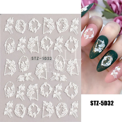 Aichashi 5D Embossed Nail Stickers Flowers Bird Geometric Lines Gold Frame Floral Nail Decals Cherry Blossom Y2K Manicure Decor