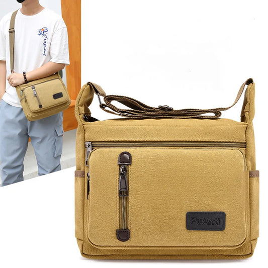 Aichashi Men's Bag Large Capacity Multifunction Solid Industrial Style Canvas Shoulder Bag For Men Daily Work Crossbody Bag