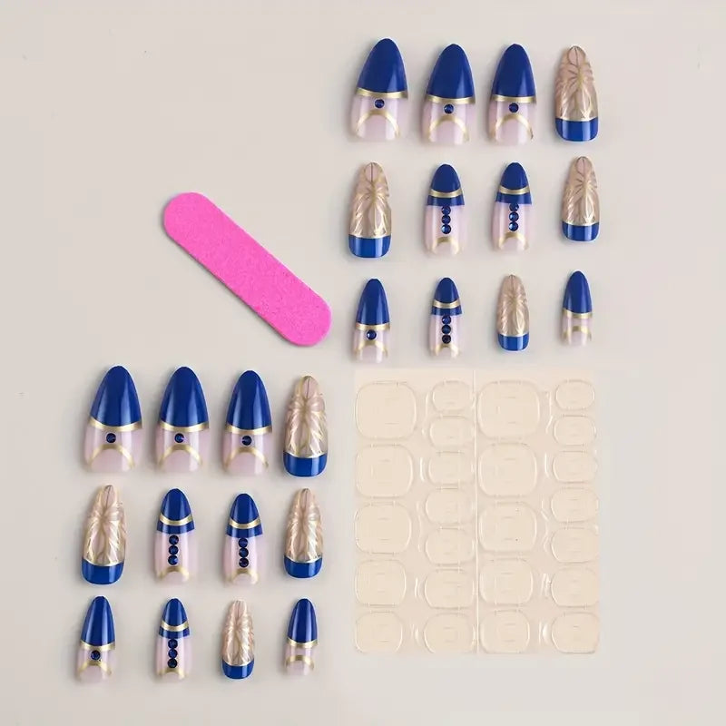 Aichashi 24pcs Mid-length Almond Shape Press On Nails, Blue Fake Nail With Rhinestone Decor, Glitter Full Cover Nails For Women