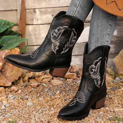 Aichashi Black Embroidery Western Cowboy Boots Women Plus Size Thick Heels Ankle Boots Woman Pointed Toe Slip On Short Booties