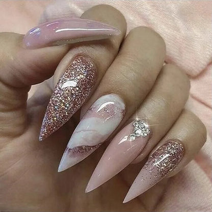 Aichashi Long Stiletto Ballet Fake Nail Tips with Glitter Gradient Designs Wearable False Nails with Glue Almond Press on Acrylic Nails