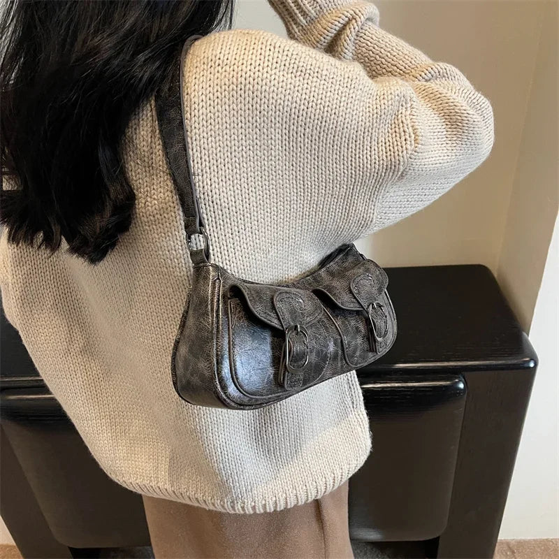 Aichashi Fashion Double pockets Design PU Leather Shoulder Bag for Women Tend Female Crossbody Bag Underarm Bags Handbags