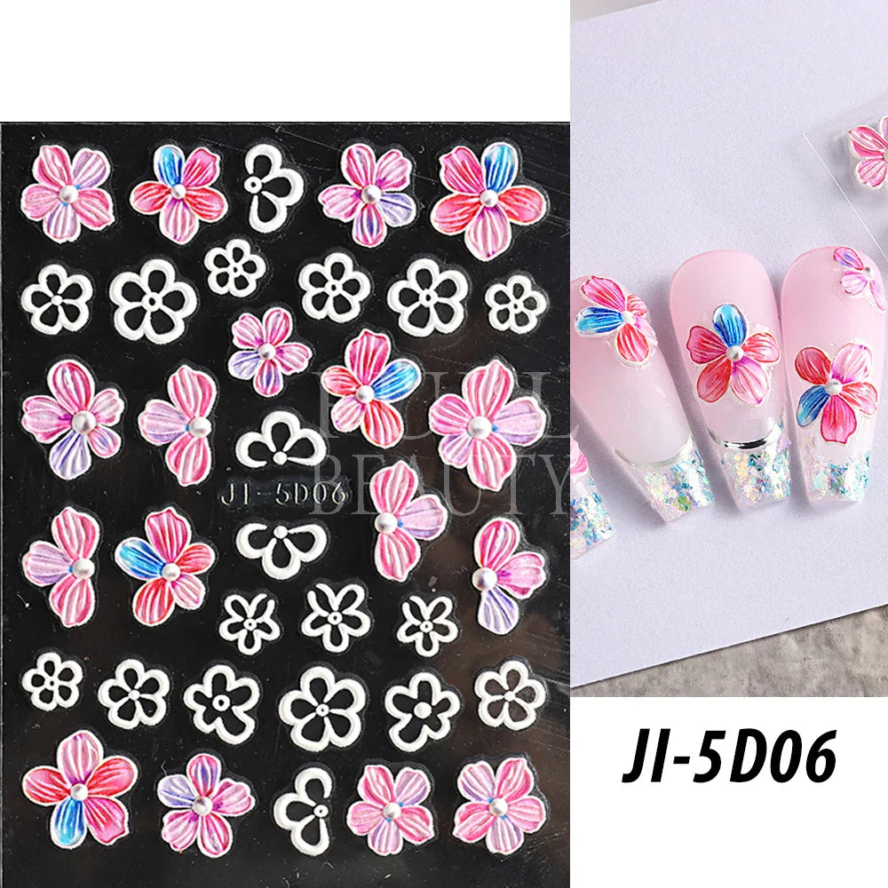 Aichashi 5D Embossed Nail Stickers Flowers Bird Geometric Lines Gold Frame Floral Nail Decals Cherry Blossom Y2K Manicure Decor