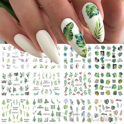 Aichashi 12 Designs Lily Flowers Nail Stickers White Flower Green Leaf Geometric Line Sliders Spring Floral Water Transfer Decals Slider