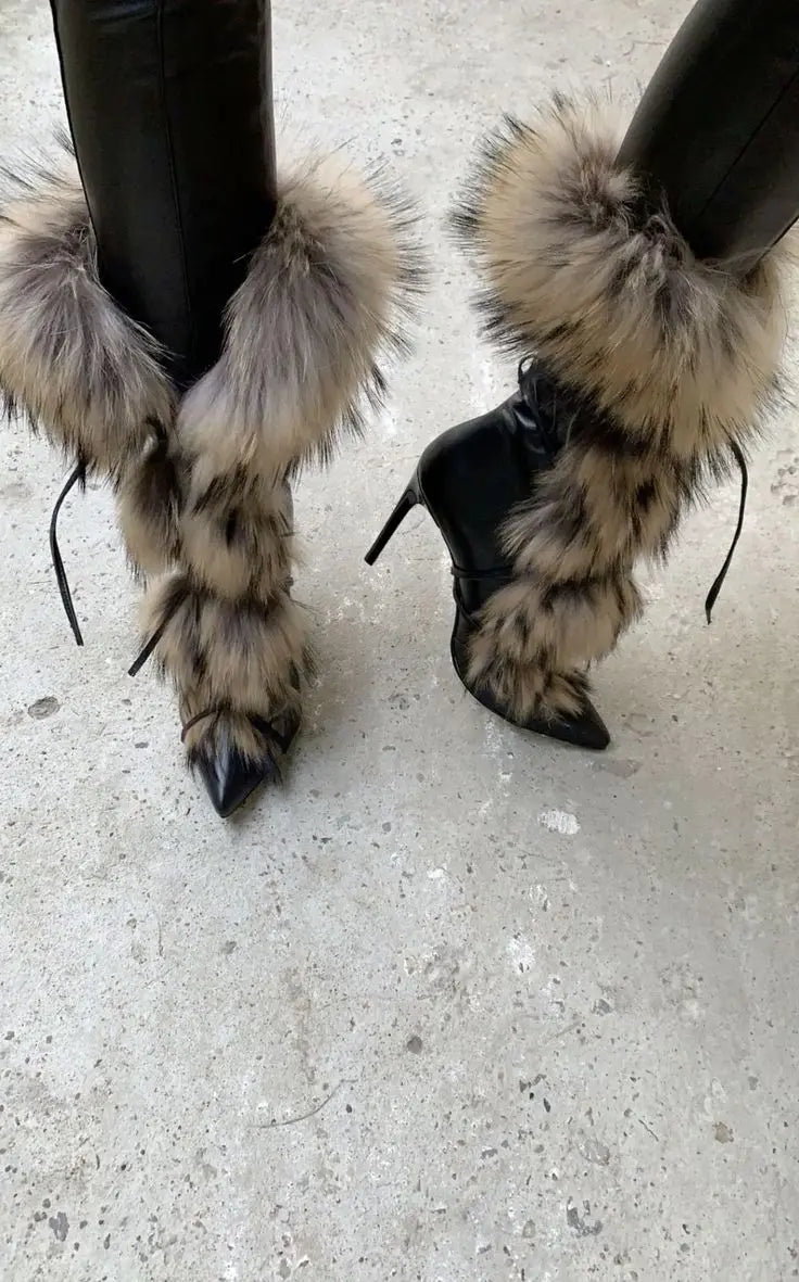 aichashi  -  Pointed Toe Fur Mid Calf Boots Stiletto Heels Ankle Straps Fashion Warm Shoes In Winter Solid Plush Sexy Party Dress Shoes