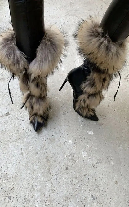 aichashi  -  Pointed Toe Fur Mid Calf Boots Stiletto Heels Ankle Straps Fashion Warm Shoes In Winter Solid Plush Sexy Party Dress Shoes