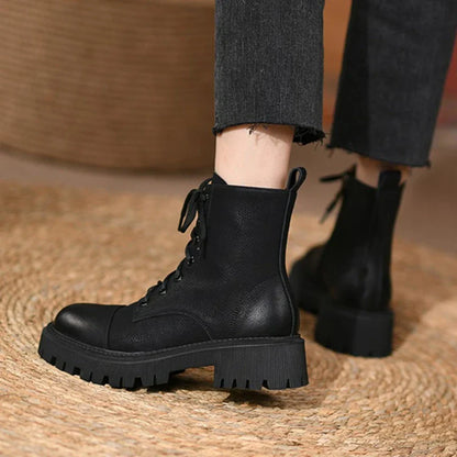 Aichashi Fall Shoes Round Toe Thick Heel Women Shoes Winter Women Boots Split Leather Boots Casual Platform Boots Motorcycle Boots