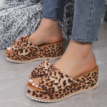 Aichashi Fashion Bowknot Wedge Sandals for Women Leopard Print Chunky Platform Sandalias Mujer 2024 Summer Thick Sole Slippers Plus Size