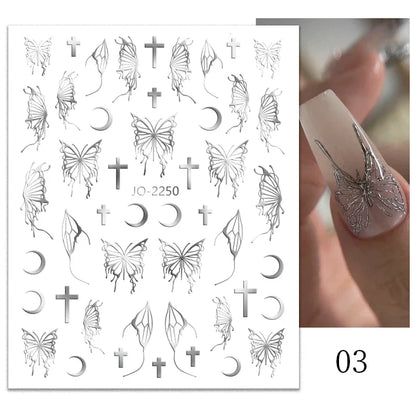 Aichashi 1PCS Black White Butterfly Laser Nail Stickers Y2K Nail Art Decoration Abstract Lines Bronzing Flowers Stickers For Nails