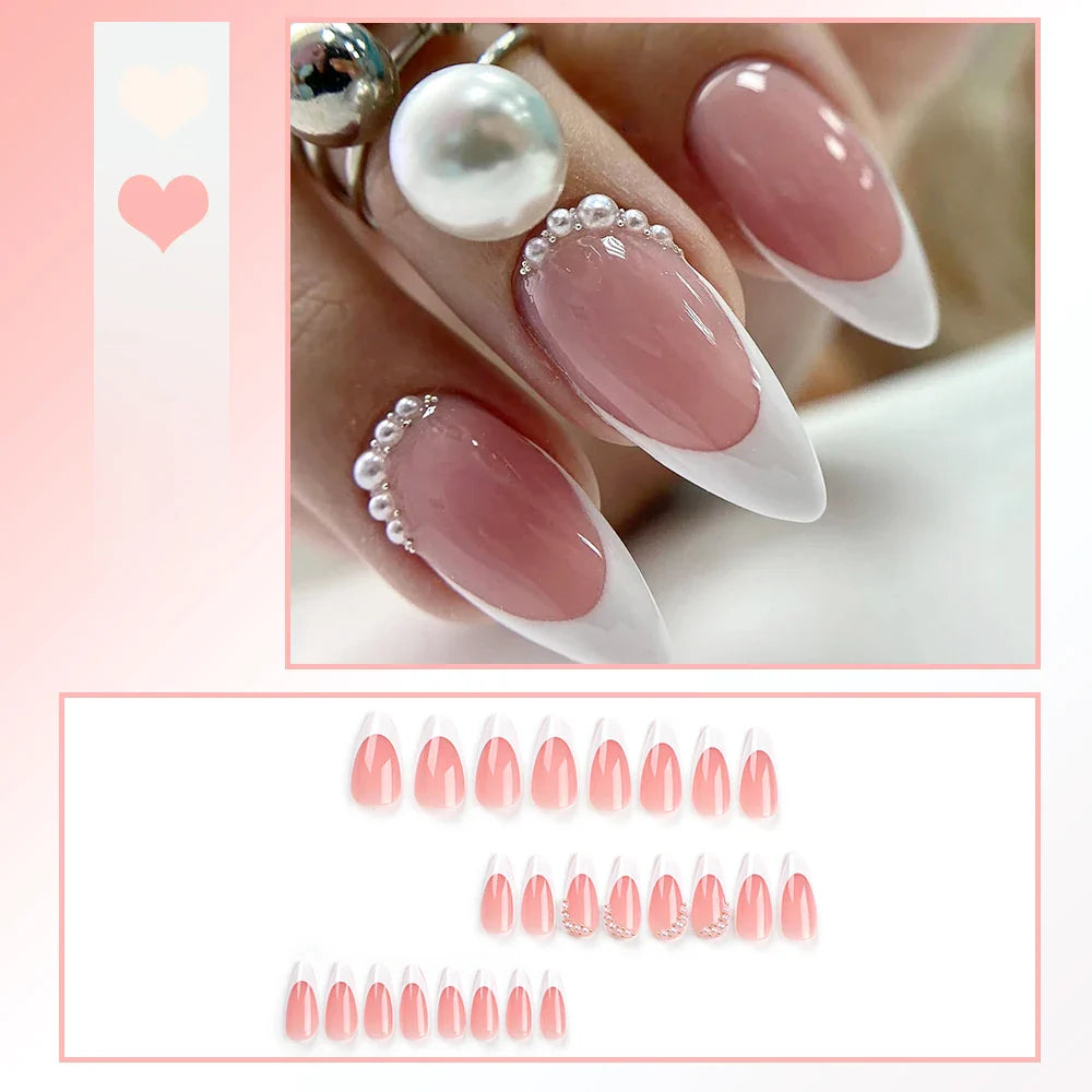 24PCS Sweet Strawberry Press on Nails French Pearl Design Almond False Nails Girl Gifts Detchable Full Cover Fake Nail Patches