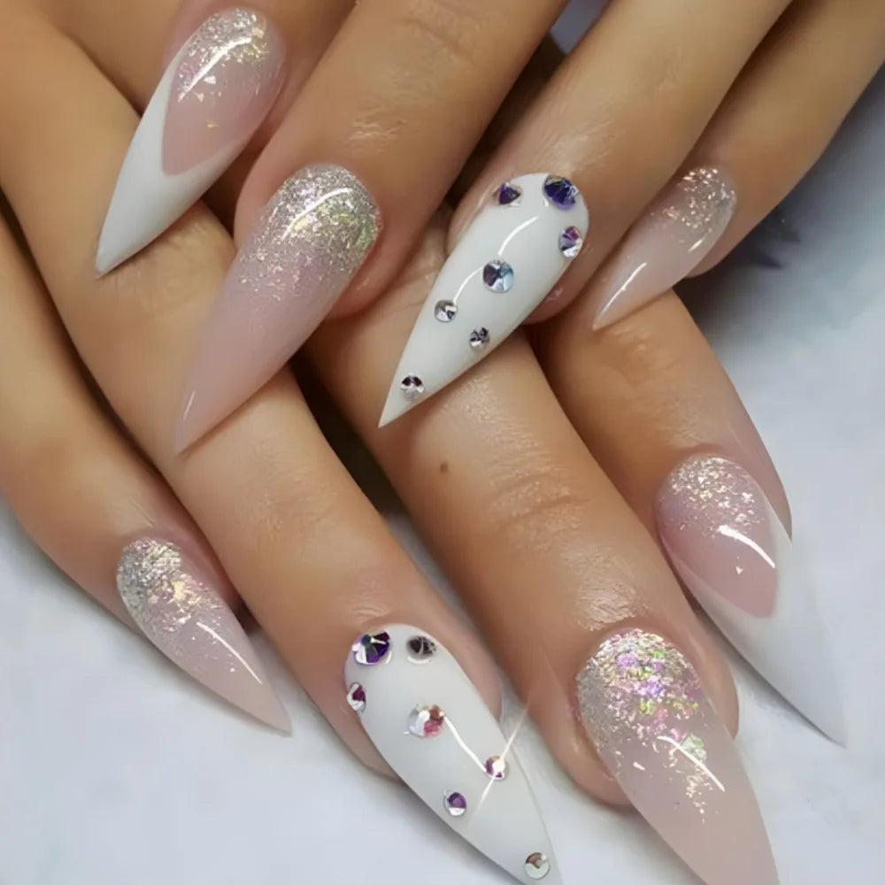 24Pcs Frosting False Nail almond with Golden Glitter Designs French Rhinestone Manicure Stiletto Fake Nails Set Press on Nails