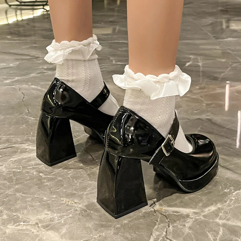 aichashi  - Patent Leather Platform Pumps Women Elegant Square Heels Mary Jane Shoes Woman Ankle Buckle High Heeled Shoes Female