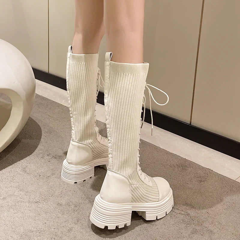 Aichashi Autumn Winter New Chunky Platform Long Boots Women Thick-soled Stretch Knitted Knee High Boots Woman Botas De Mujer