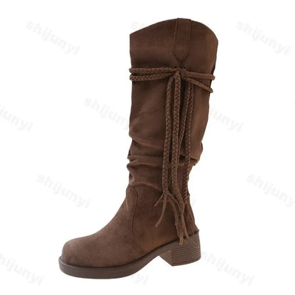 aichashi  -  Women Suede Knee High Boots New Fashion Tassels Western Cowboy Boots Round Toe High Heels Shoes Roman Female Long Boots