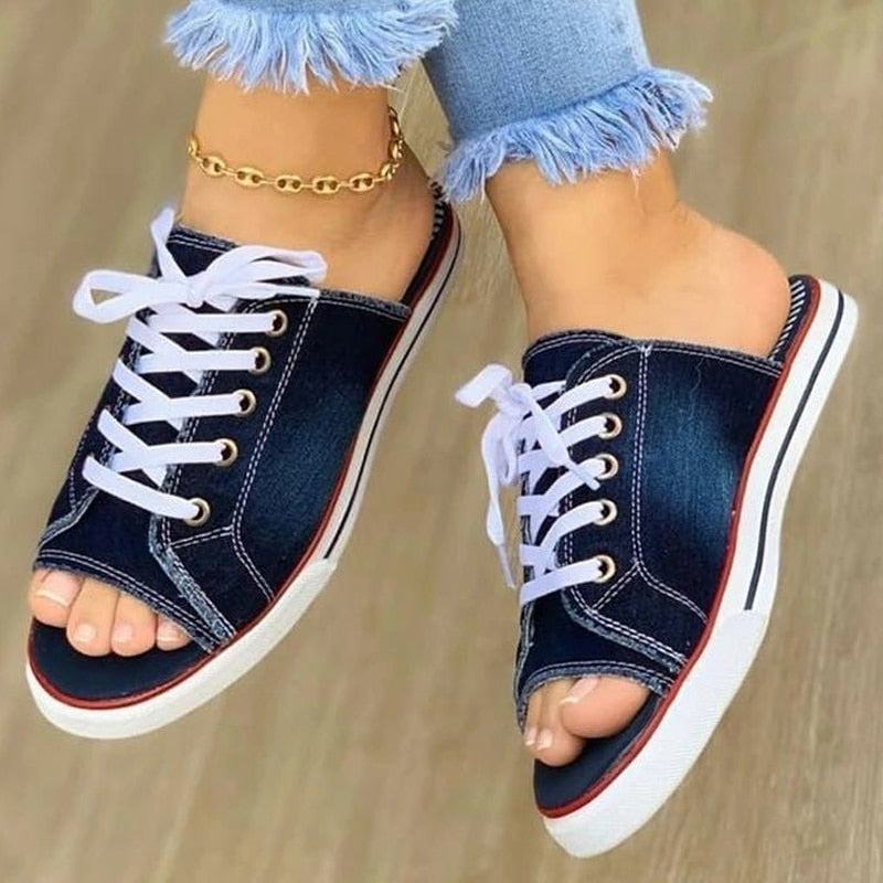 Aichashi Fashion Canvas Slippers Lace Up Open Teen Dames Faux Denim  Luxury Sandals Women Designers  Womens Shoes