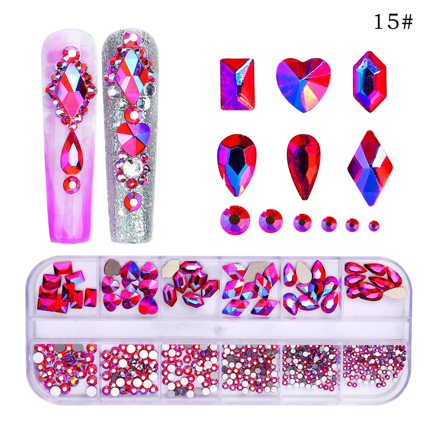 12 Grids/Box Multi-Size Nail Art Rhinestone Decorations AB Crystal Diamond Gems 3D Nails Glitter Glass Non Hotfix Strass Jewelry