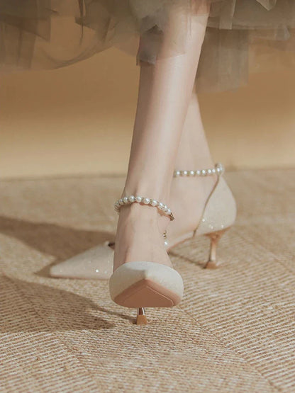 aichashi  -  Summer Fairy Elegant High Heels Lady String Bead Casual Korean Style Sweet Shoes Party Design French Bridal Pumps Women