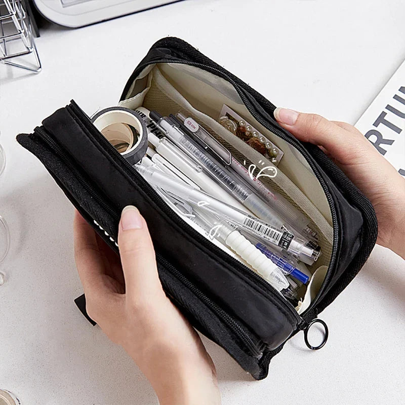 Aichashi BACK TO SCHOOL Black & White Pencil Bag Pen Case Transparent Front Belt Buckle Multi Pocket Storage Pouch Stationery