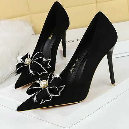 aichashi  -  Shoes Pearl Bowknot Women Pumps Rhinestone High Heels Suede Stilettos Lady 10.5 Cm Luxury Banquet Shoes Large Size 43