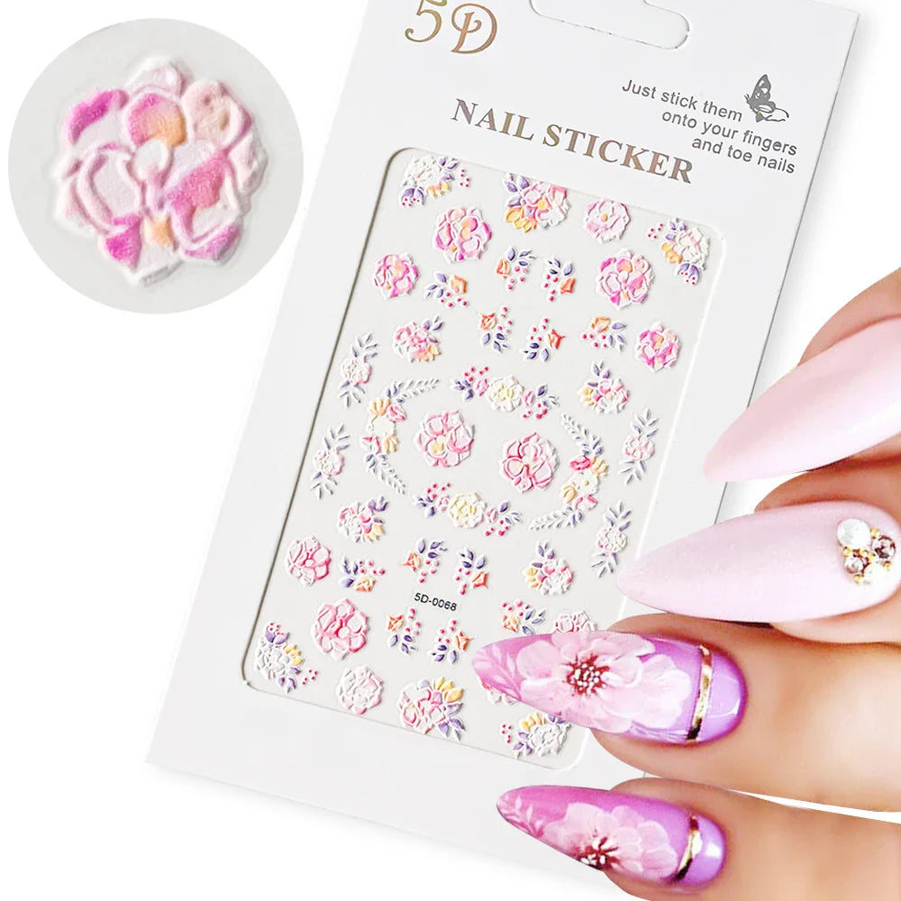 1PC 5D Macaron Flower/Fruit Nail Charms Sticker Embossed Bear/Rabbit/Letter Nails Slider Decals Summer Adhesive Manicure Decor&Y